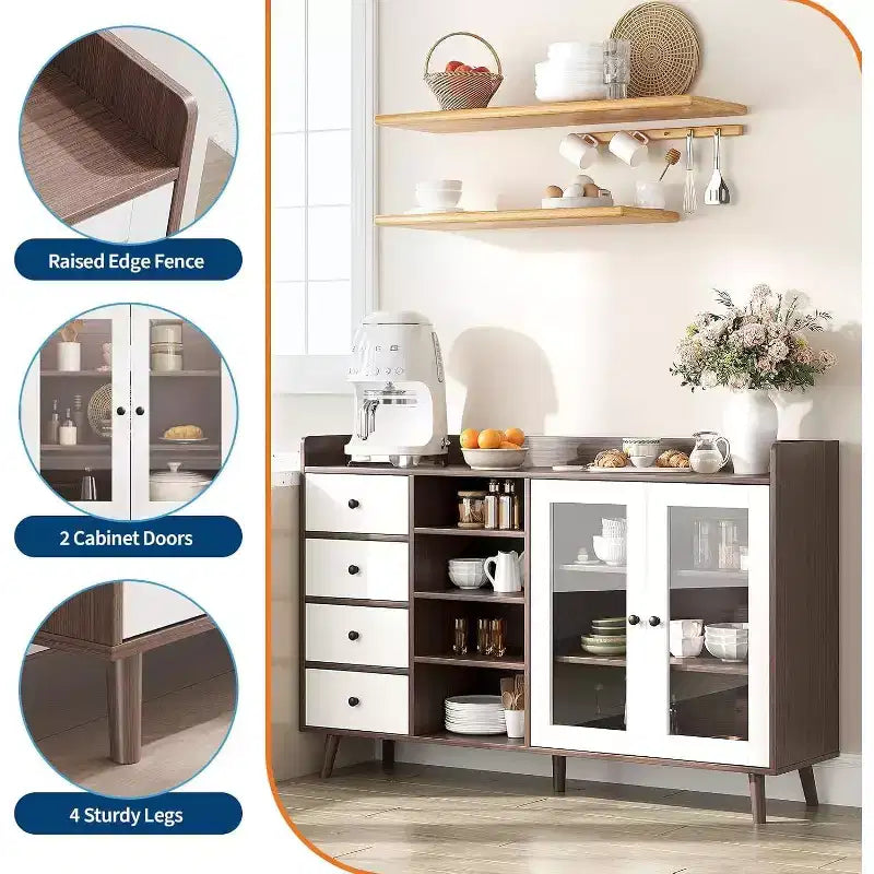 Meuble de bar à café de ferme avec rangement, Buffet de cuisine de 140 cm avec portes vitrées et étagères ouvertes, Meubles de rangement en bois