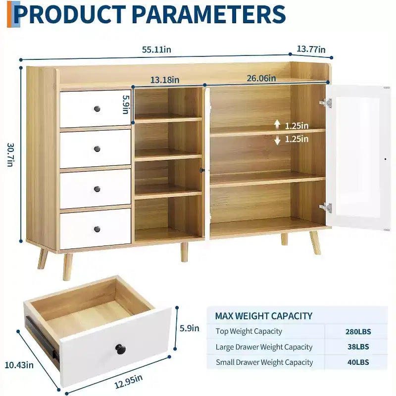 Meuble de bar à café de ferme avec rangement, Buffet de cuisine de 140 cm avec portes vitrées et étagères ouvertes, Meubles de rangement en bois