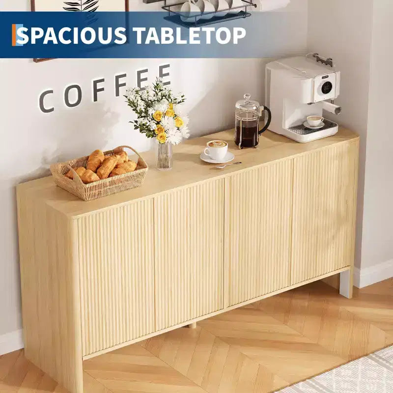 Bahut de buffet avec rangement, buffet cannelé de 58 po avec 4 portes et étagères réglables, table de buffet en bois