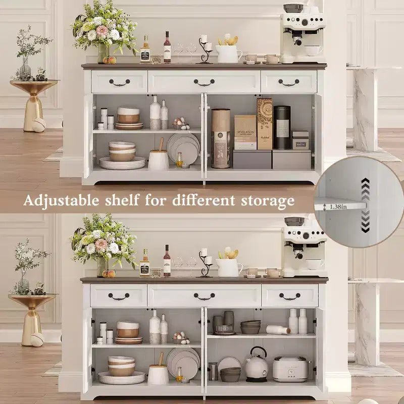 Buffet de rangement de 65 pouces avec 3 tiroirs et 4 portes, meuble de bar à café, blanc/gris.