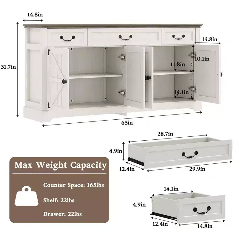Buffet de rangement de 65 pouces avec 3 tiroirs et 4 portes, meuble de bar à café, blanc/gris.