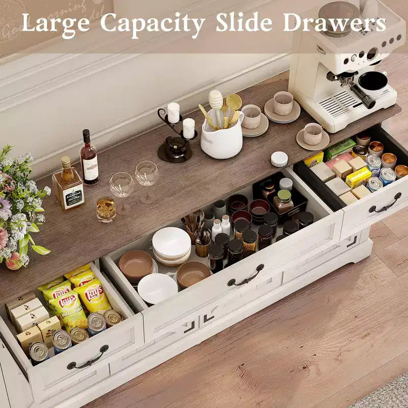 Buffet de rangement de 65 pouces avec 3 tiroirs et 4 portes, meuble de bar à café, blanc/gris.