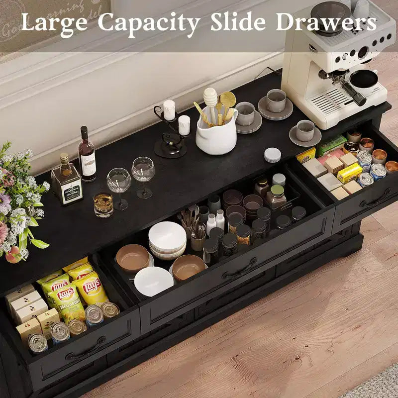 Buffet de rangement de 65 pouces avec 3 tiroirs et 4 portes, meuble de bar à café, blanc/gris.