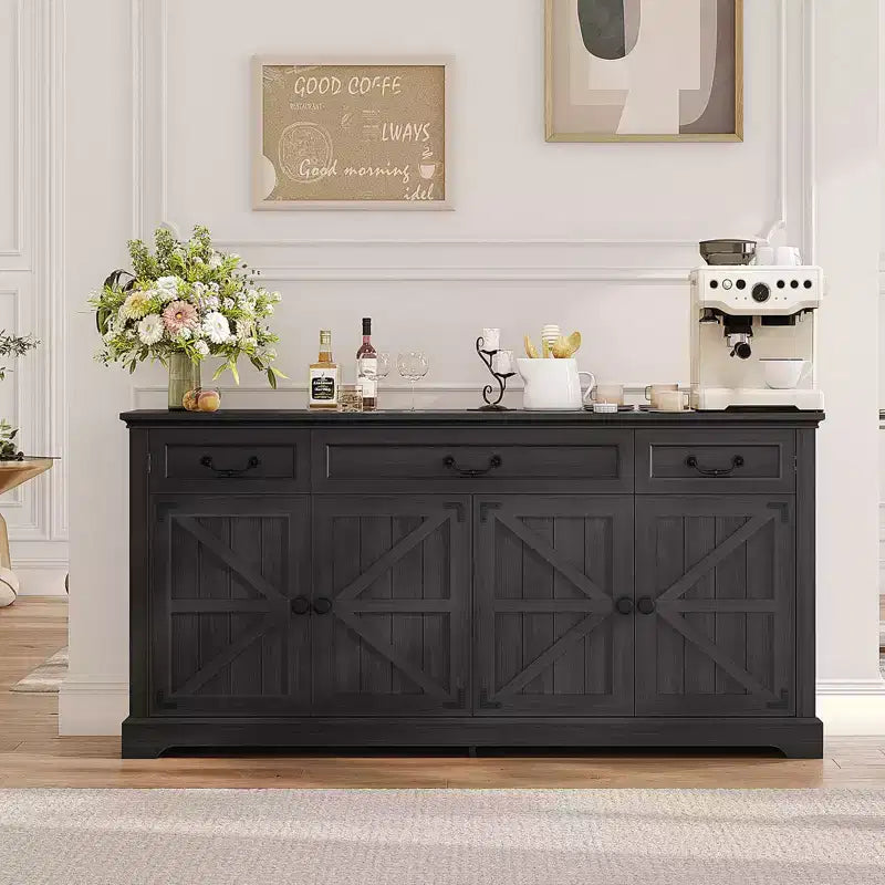 Buffet de rangement de 65 pouces avec 3 tiroirs et 4 portes, meuble de bar à café, blanc/gris.