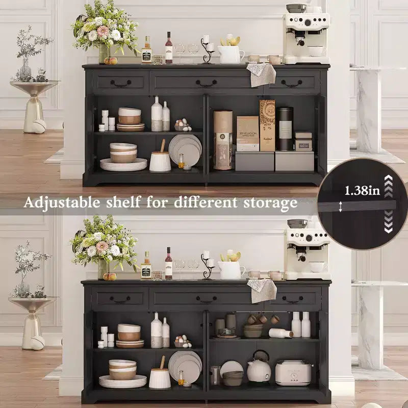 Buffet de rangement de 65 pouces avec 3 tiroirs et 4 portes, meuble de bar à café, blanc/gris.