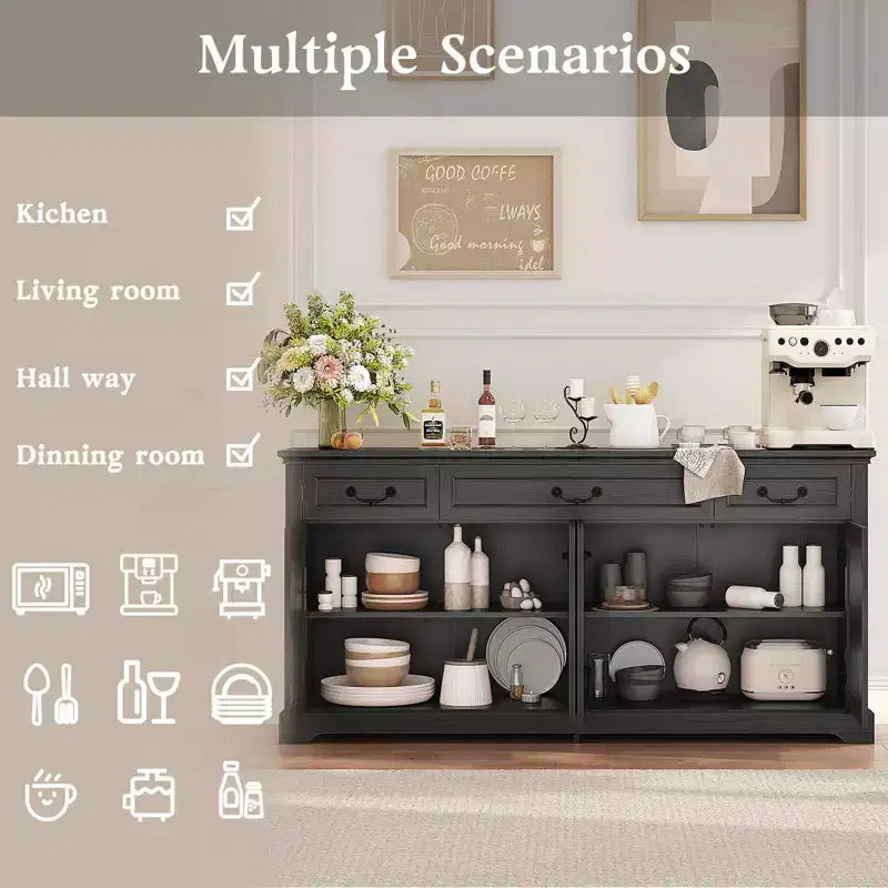 Buffet de rangement de 65 pouces avec 3 tiroirs et 4 portes, meuble de bar à café, blanc/gris.