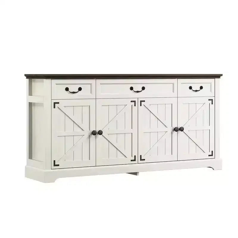 Buffet de rangement de 65 pouces avec 3 tiroirs et 4 portes, meuble de bar à café, blanc/gris.