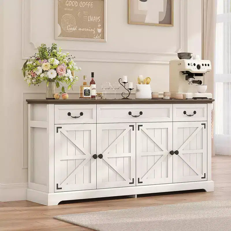 Buffet de rangement de 65 pouces avec 3 tiroirs et 4 portes, meuble de bar à café, blanc/gris.