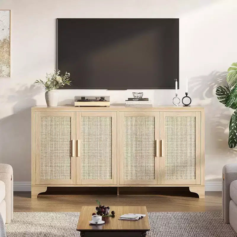 Buffet bas en rotin, Petit meuble de rangement avec portes et étagères, Commode en bois pour salon, salle à manger, cuisine, Chêne naturel