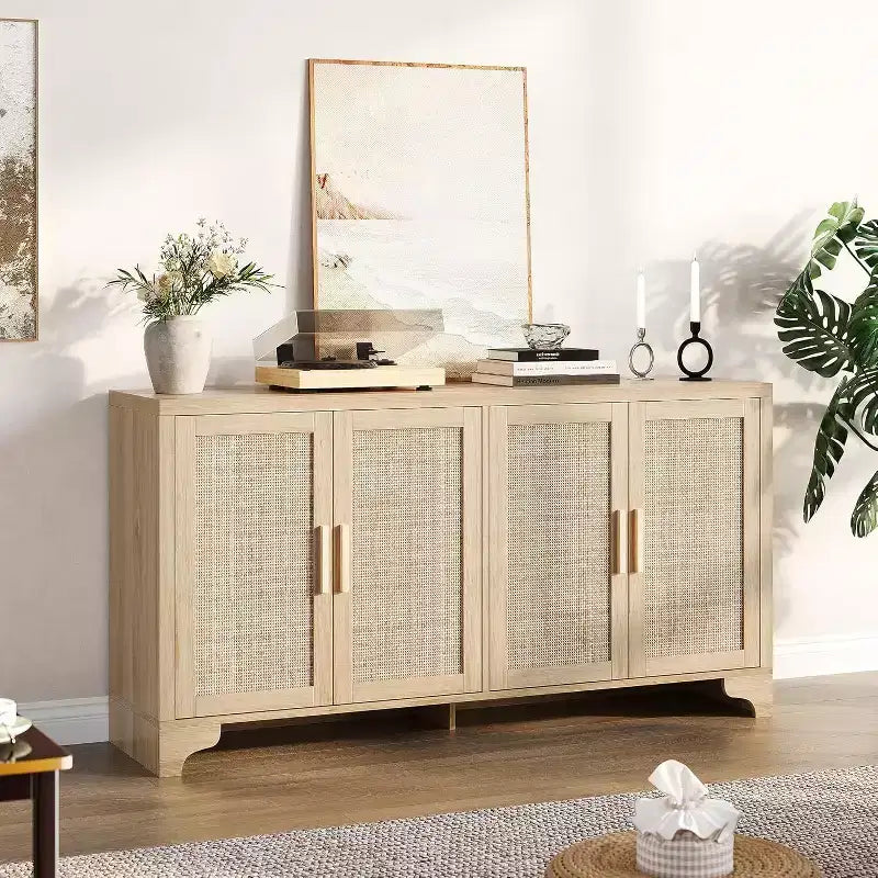 Buffet bas en rotin, Petit meuble de rangement avec portes et étagères, Commode en bois pour salon, salle à manger, cuisine, Chêne naturel