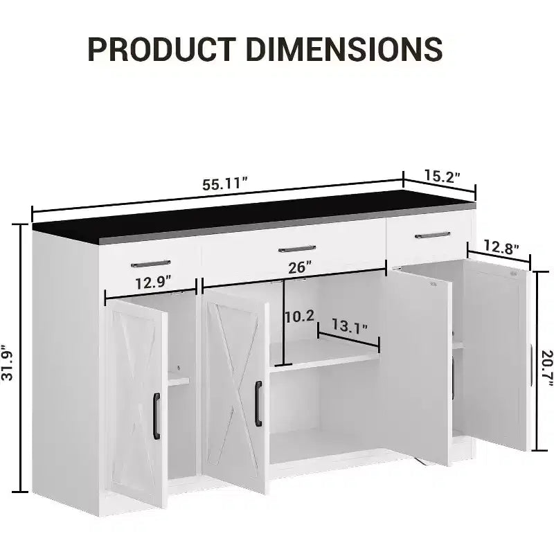 Buffet de rangement de 140 cm, avec 3 tiroirs et 4 portes, Buffet, Meuble de bar de style rustique