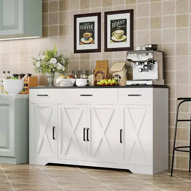 Buffet de rangement de 140 cm, avec 3 tiroirs et 4 portes, Buffet, Meuble de bar de style rustique