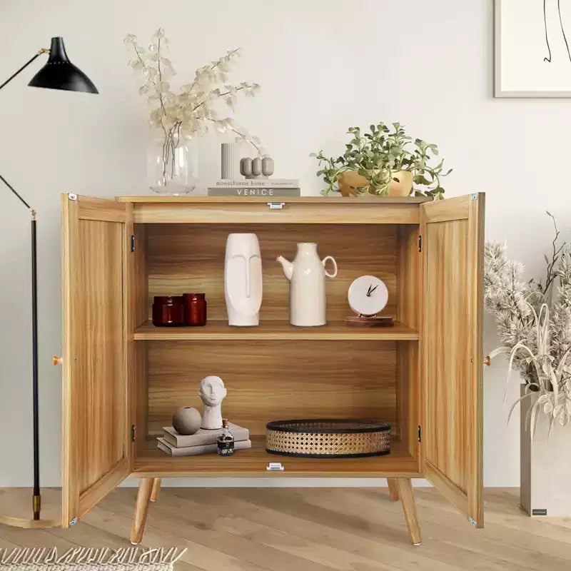 Buffet en rotin avec rangement, étagères réglables, pieds en bois, meuble de rangement d'entrée, pour salle à manger, couloir, entrée