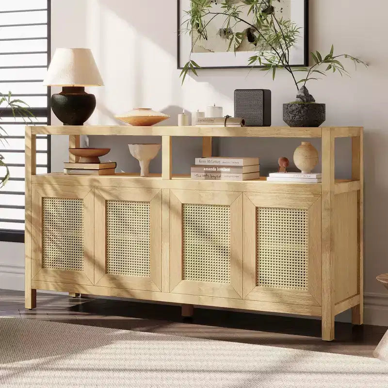 Meuble de rangement en rotin avec cadre en bois massif et étagères réglables sur 3 positions pour salons Naturel