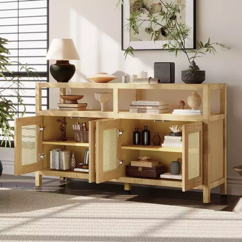 Meuble de rangement en rotin avec cadre en bois massif et étagères réglables sur 3 positions pour salons Naturel