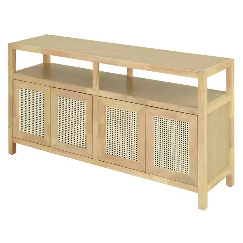 Meuble de rangement en rotin avec cadre en bois massif et étagères réglables sur 3 positions pour salons Naturel