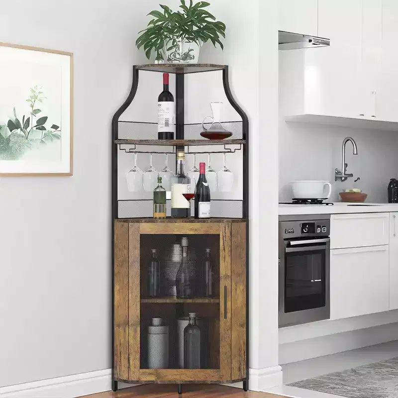 Meuble à vin d'angle, porte-bouteilles en métal pouvant contenir plus de 50 bouteilles et verres, rangement à vin au sol pour cuisine, salle à manger, bureau, bar