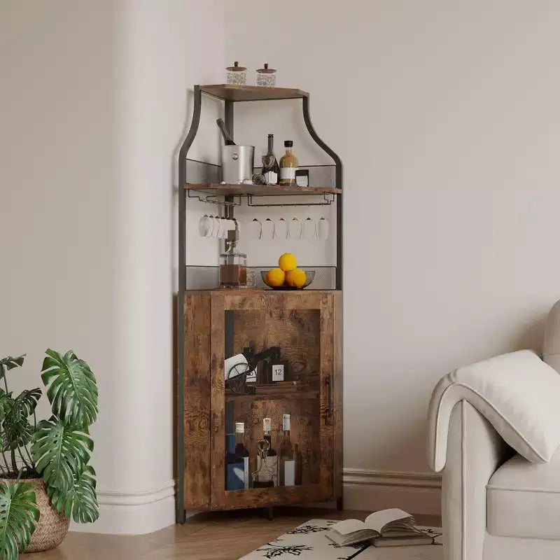 Meuble à vin d'angle, porte-bouteilles en métal pouvant contenir plus de 50 bouteilles et verres, rangement à vin au sol pour cuisine, salle à manger, bureau, bar
