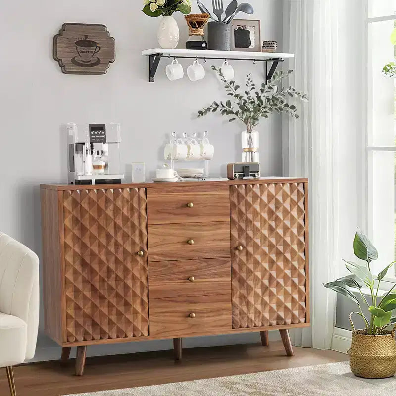 Buffet de cuisine de 120 cm de largeur avec 4 tiroirs, buffet avec rangement, style bois de ferme, buffet avec rangement à 2 portes pour salon