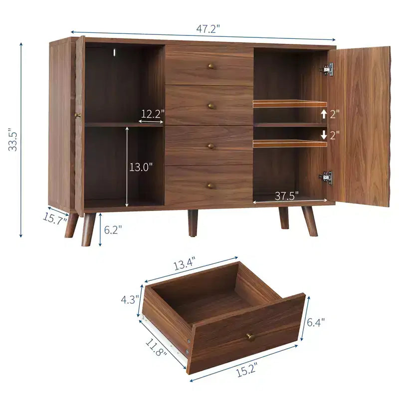 Buffet de cuisine de 120 cm de largeur avec 4 tiroirs, buffet avec rangement, style bois de ferme, buffet avec rangement à 2 portes pour salon