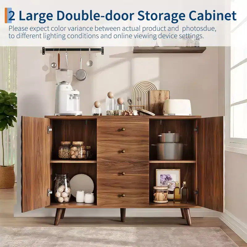Buffet de cuisine de 120 cm de largeur avec 4 tiroirs, buffet avec rangement, style bois de ferme, buffet avec rangement à 2 portes pour salon