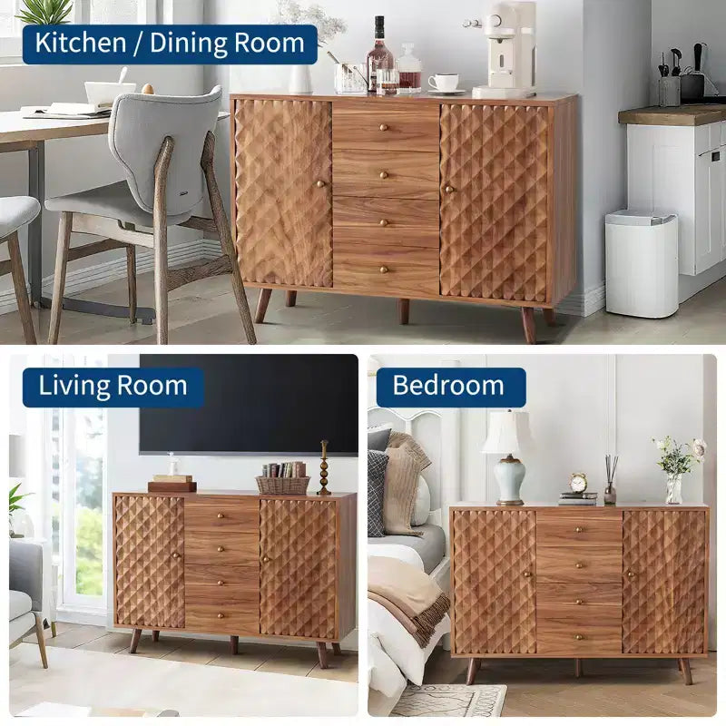 Buffet de cuisine de 120 cm de largeur avec 4 tiroirs, buffet avec rangement, style bois de ferme, buffet avec rangement à 2 portes pour salon