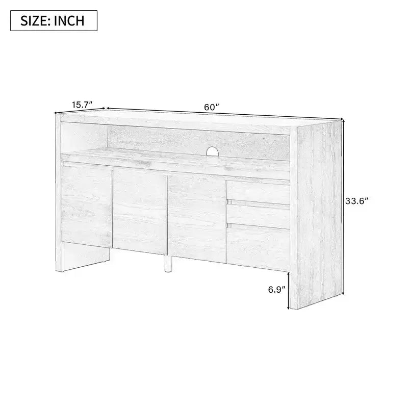 Buffet bahut moderne de 60" avec étagère ouverte de rangement et tiroirs, noir
