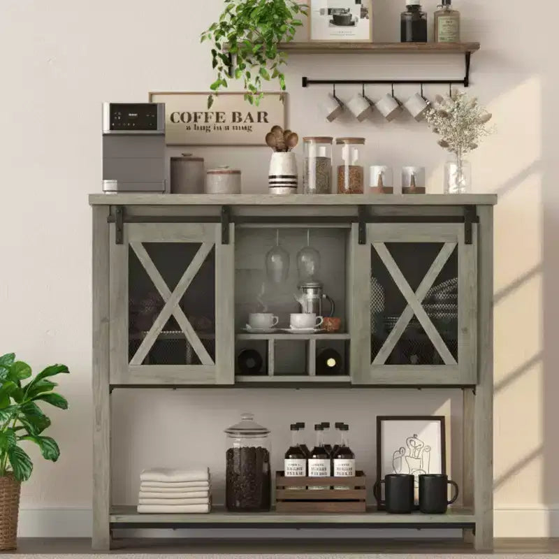 Meuble de bar à vin avec porte coulissante style grange, buffet de cuisine rustique avec porte-bouteilles et porte-verres, meuble de rangement pour liqueurs pour salle à manger, gris