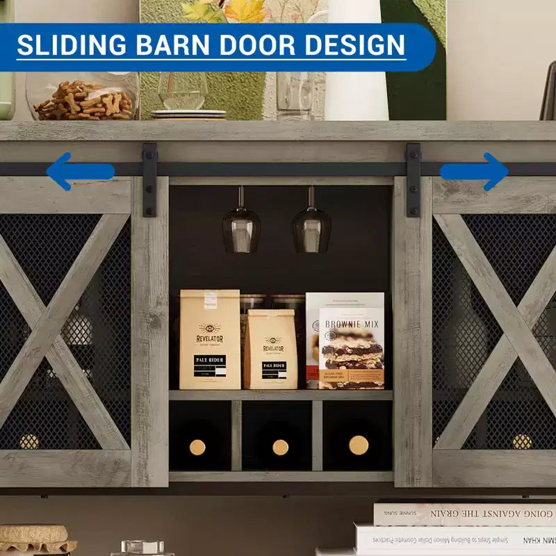 Meuble de bar à vin avec porte coulissante style grange, buffet de cuisine rustique avec porte-bouteilles et porte-verres, meuble de rangement pour liqueurs pour salle à manger, gris