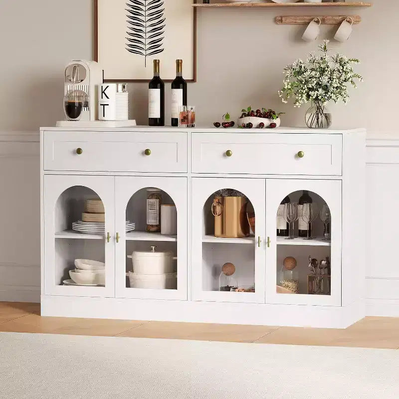 Buffet de ferme de 55" avec rangement, table console avec 2 tiroirs et 4 portes en acrylique pour cuisine, salle à manger et salon, blanc
