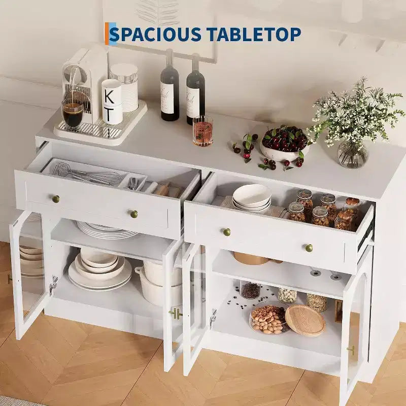 Buffet de ferme de 55" avec rangement, table console avec 2 tiroirs et 4 portes en acrylique pour cuisine, salle à manger et salon, blanc