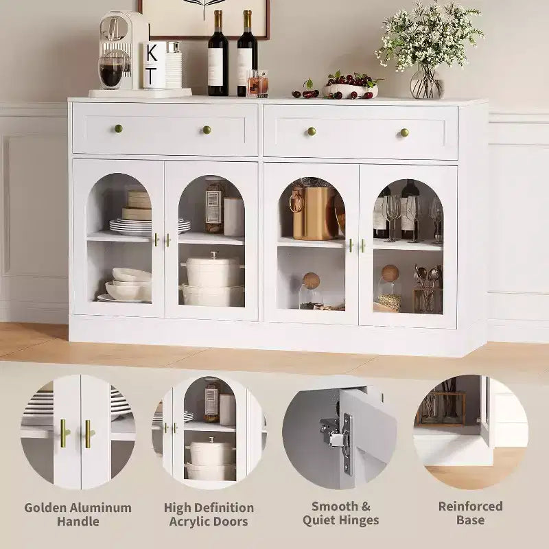 Buffet de ferme de 55" avec rangement, table console avec 2 tiroirs et 4 portes en acrylique pour cuisine, salle à manger et salon, blanc
