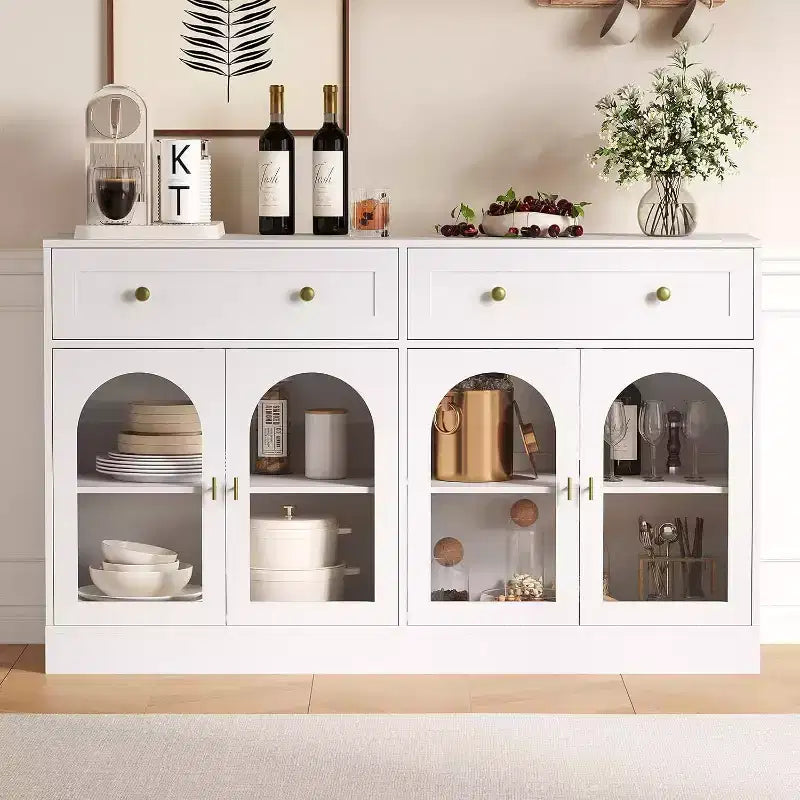 Buffet de ferme de 55" avec rangement, table console avec 2 tiroirs et 4 portes en acrylique pour cuisine, salle à manger et salon, blanc