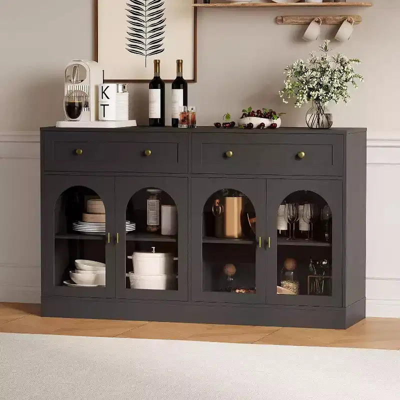 Buffet de ferme de 55" avec rangement, table console avec 2 tiroirs et 4 portes en acrylique pour cuisine, salle à manger et salon, blanc
