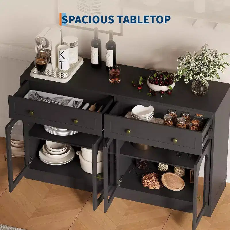 Buffet de ferme de 55" avec rangement, table console avec 2 tiroirs et 4 portes en acrylique pour cuisine, salle à manger et salon, blanc