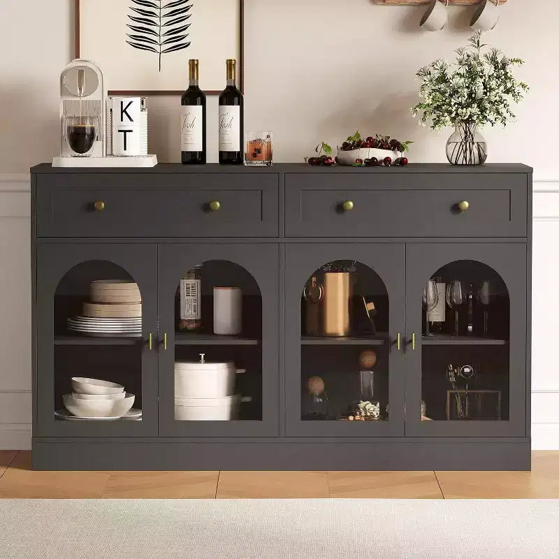 Buffet de ferme de 55" avec rangement, table console avec 2 tiroirs et 4 portes en acrylique pour cuisine, salle à manger et salon, blanc