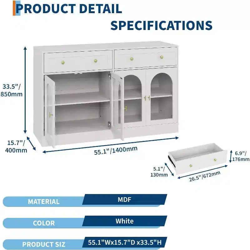 Buffet de ferme de 55" avec rangement, table console avec 2 tiroirs et 4 portes en acrylique pour cuisine, salle à manger et salon, blanc