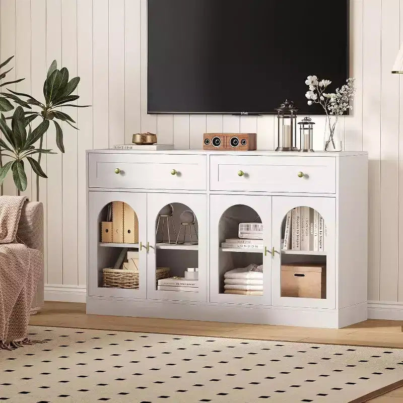 Buffet de ferme de 55" avec rangement, table console avec 2 tiroirs et 4 portes en acrylique pour cuisine, salle à manger et salon, blanc