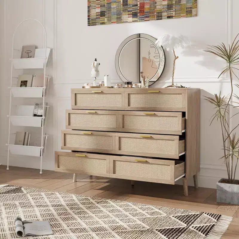 Commode en rotin à 8 tiroirs, commode en bois avec 5 pieds en bois massif, commode moderne du milieu du siècle pour placard avec poignées pour chambre à coucher, salon
