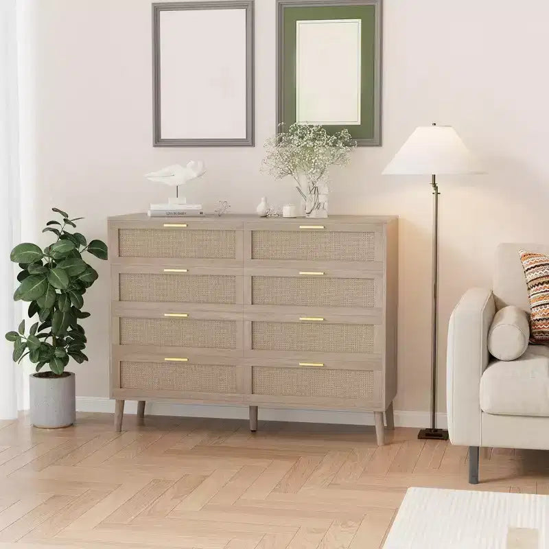 Commode en rotin à 8 tiroirs, commode en bois avec 5 pieds en bois massif, commode moderne du milieu du siècle pour placard avec poignées pour chambre à coucher, salon