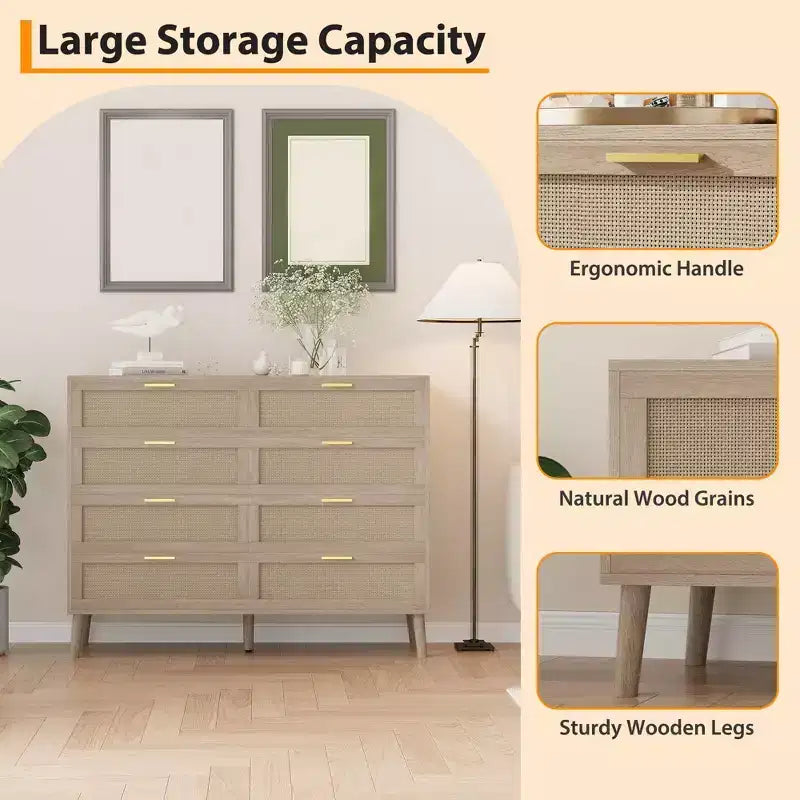 Commode en rotin à 8 tiroirs, commode en bois avec 5 pieds en bois massif, commode moderne du milieu du siècle pour placard avec poignées pour chambre à coucher, salon