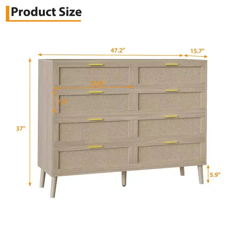 Commode en rotin à 8 tiroirs, commode en bois avec 5 pieds en bois massif, commode moderne du milieu du siècle pour placard avec poignées pour chambre à coucher, salon