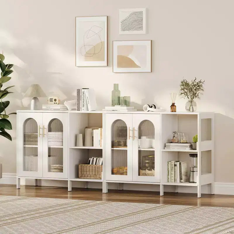 Buffet de 101,6 cm avec portes vitrées, meuble de rangement à étagères ouvertes à 2 niveaux pour salle à manger, cuisine, salon
