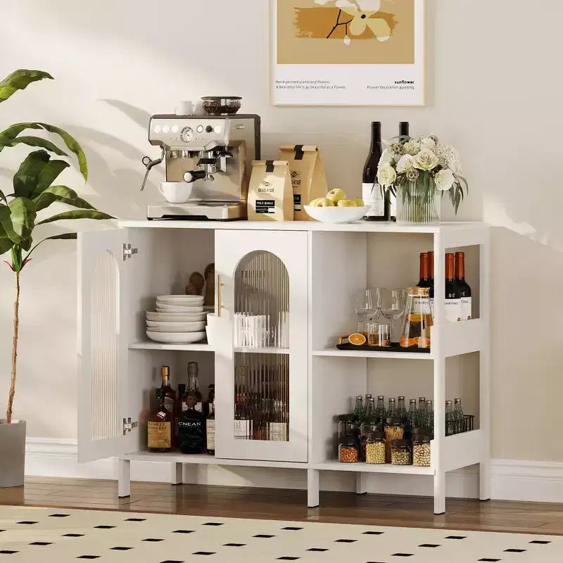 Buffet de 101,6 cm avec portes vitrées, meuble de rangement à étagères ouvertes à 2 niveaux pour salle à manger, cuisine, salon