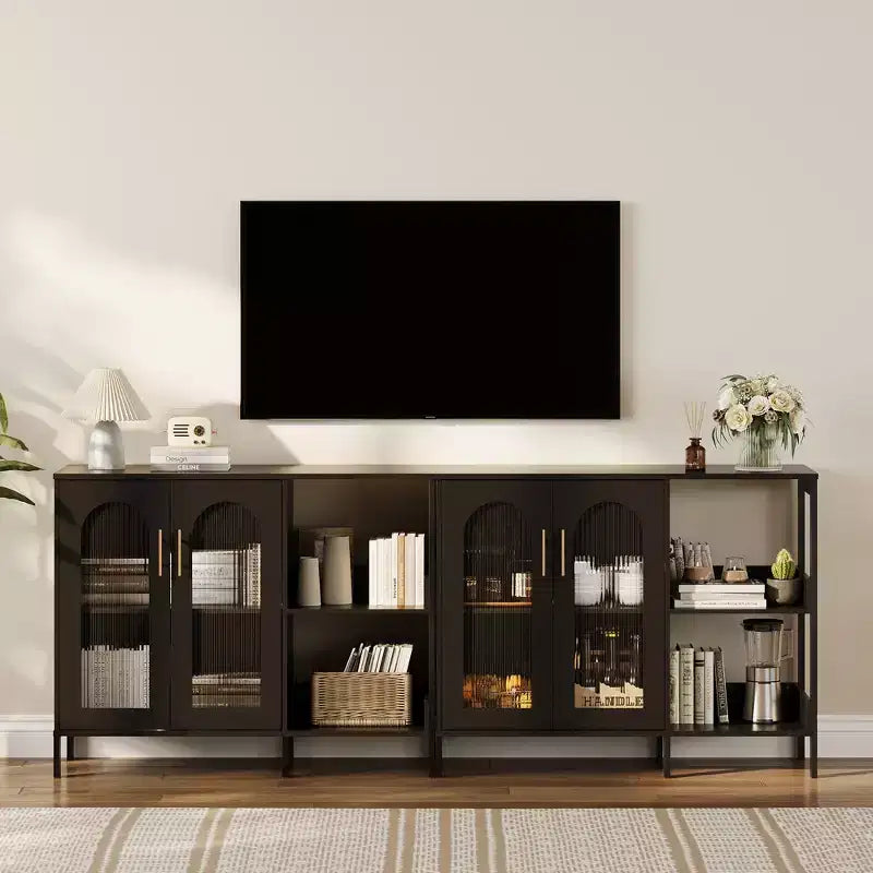 Buffet de 101,6 cm avec portes vitrées, meuble de rangement à étagères ouvertes à 2 niveaux pour salle à manger, cuisine, salon