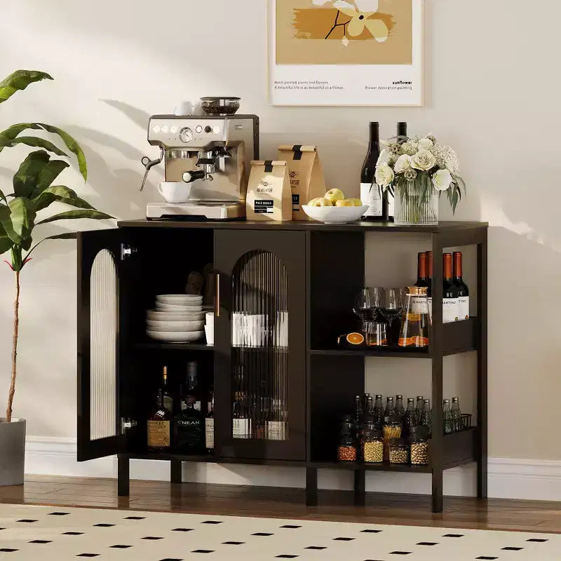 Buffet de 101,6 cm avec portes vitrées, meuble de rangement à étagères ouvertes à 2 niveaux pour salle à manger, cuisine, salon
