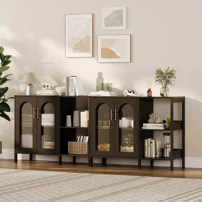 Buffet de 101,6 cm avec portes vitrées, meuble de rangement à étagères ouvertes à 2 niveaux pour salle à manger, cuisine, salon