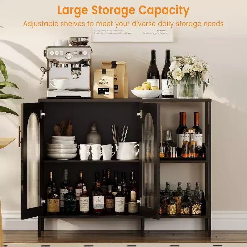 Buffet de 101,6 cm avec portes vitrées, meuble de rangement à étagères ouvertes à 2 niveaux pour salle à manger, cuisine, salon
