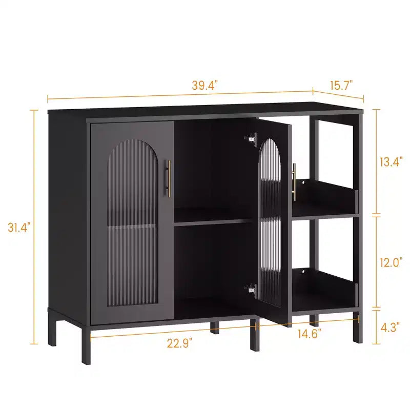 Buffet de 101,6 cm avec portes vitrées, meuble de rangement à étagères ouvertes à 2 niveaux pour salle à manger, cuisine, salon