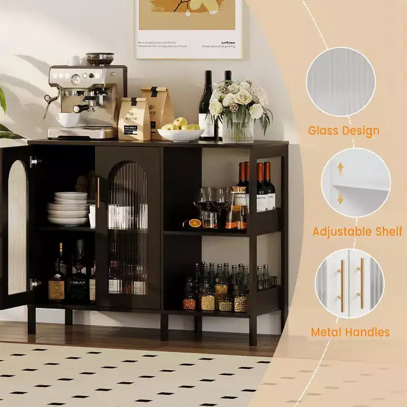 Buffet de 101,6 cm avec portes vitrées, meuble de rangement à étagères ouvertes à 2 niveaux pour salle à manger, cuisine, salon